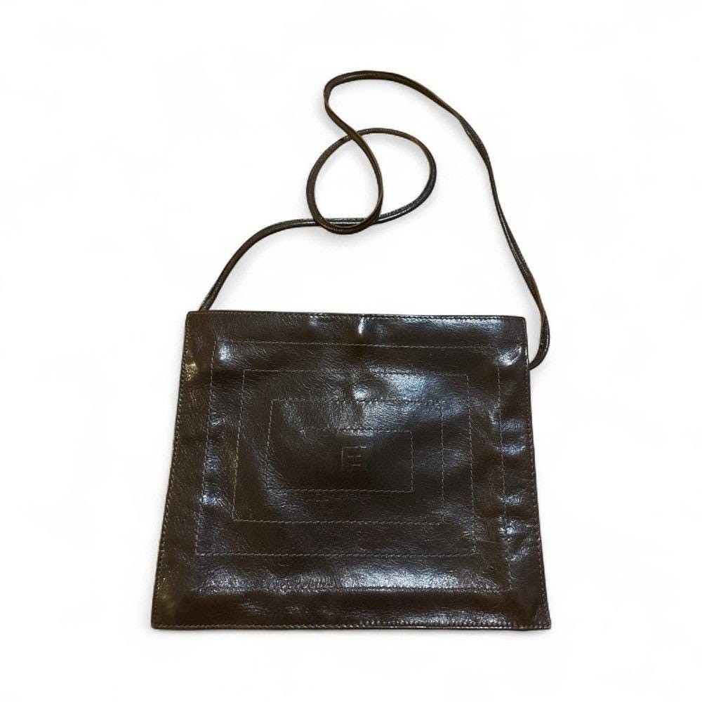 Fendi Vintage Brown Leather Crossbody Bag FF Logo Concentric Stitching Purse - Picture 2 of 7